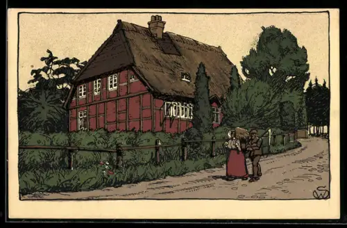 Steindruck-AK Altes Schulhaus in der Lüneburger Heide