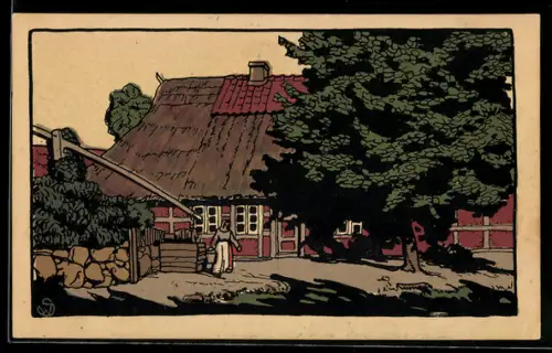 Steindruck-AK Dorfpartie in der Lüneburger Heide