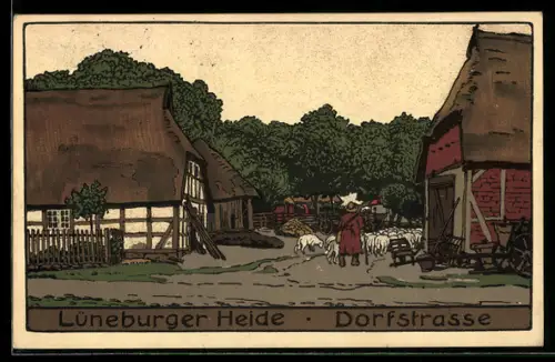 Steindruck-AK Lüneburger Heide, Schäfer mit Schafen in der Dorfstrasse