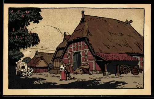 Steindruck-AK Dorfstrasse in der Lüneburger Heide