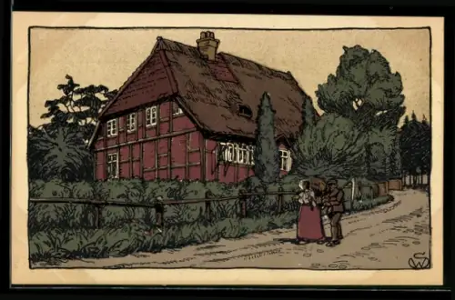 Steindruck-AK Lüneburger Heide, Altes Schulhaus