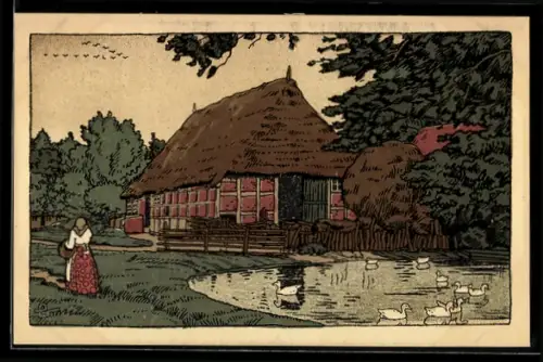 Steindruck-AK Dorfidyll in der Lüneburger Heide