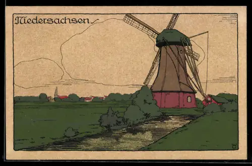 Steindruck-AK Windmühle in Niedersachsen