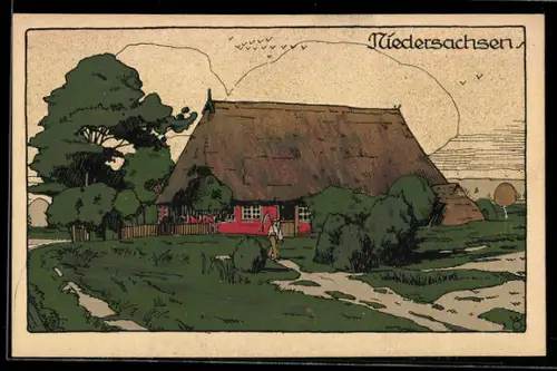 Steindruck-AK Niedersächsischer Bauernhof mit Reetdach