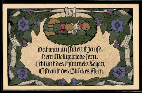 Steindruck-AK Landschaft mit Fachwerkhaus, Veilchen, Passepartout