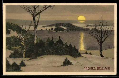 Steindruck-AK Winterlandschaft am Abend, Neujahrsgruss