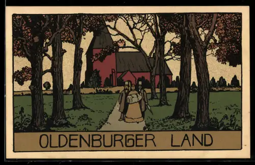 Steindruck-AK Oldenburg, Frau vor der Kirche