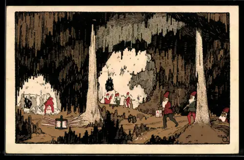 Steindruck-AK Zwerge in einer Höhle