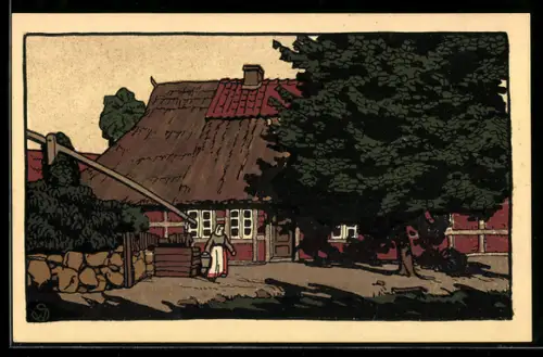 Steindruck-AK Lüneburger Heide, Dorfpartie