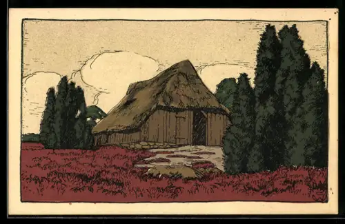 Steindruck-AK Alter Schafstall in der Lüneburger Heide