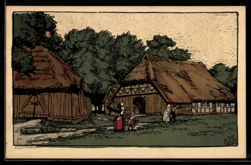 Steindruck-AK Niedersächsischer Bauernhof in der Lüneburger Heide