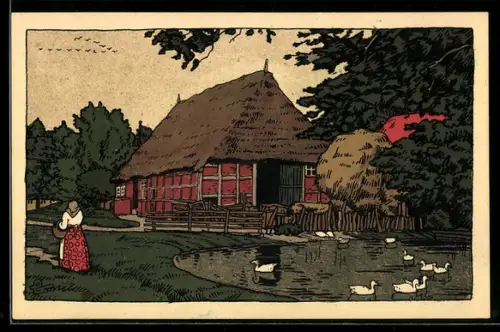 Steindruck-AK Lüneburger Heide, Dorfidyll, Ententeich