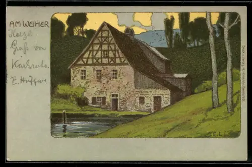 Künstler-AK Ernst Liebermann: Am Weiher, Blick zum Haus