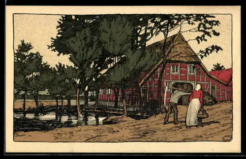 Steindruck-AK Bauernhaus in der Lüneburger Heide am Dorfteich