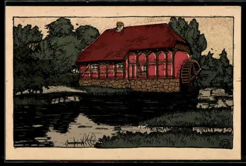 Steindruck-AK Lüneburger Heide, Alte Wassermühle