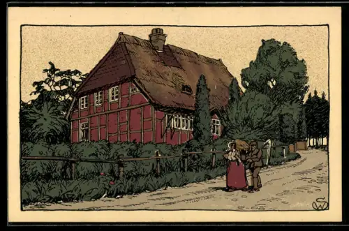 Steindruck-AK Lüneburger Heide, Altes Schulhaus