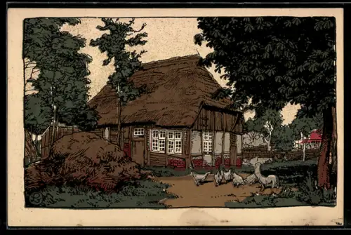 Steindruck-AK Alte Kathe in der Lüneburger Heide