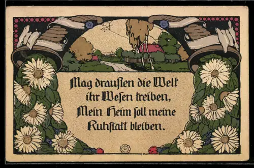 Steindruck-AK Haus in sommerlicher Landschaft, Margeriten