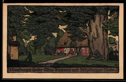 Steindruck-AK Bispingen /Lüneburger Heide, Altes Pastorat, 500-jährige Linde