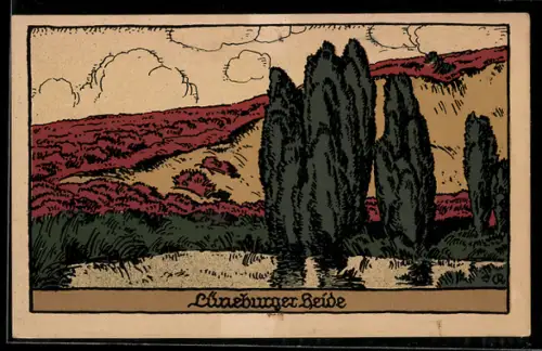 Steindruck-AK Lüneburger Heide