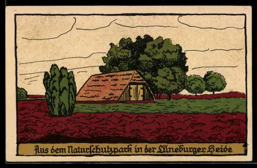 Steindruck-AK Haus im Naturschutzpark in der Lüneburger Heide