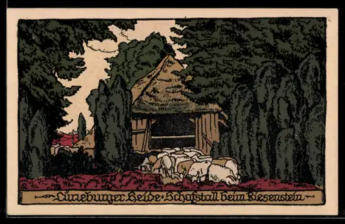 Steindruck-AK Lüneburger Heide, Schafstall beim Riesenstein