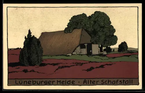 Steindruck-AK Alter Schafstall in der Lüneburger Heide