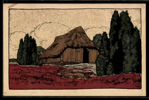 Steindruck-AK Alter Schafstall in der Lüneburger Heide