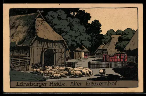 Steindruck-AK Alter Bauernhof in der Lüneburger Heide