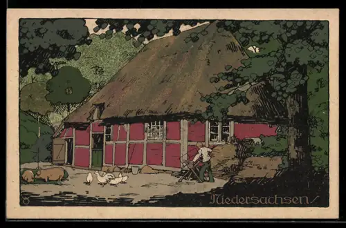 Steindruck-AK Niedersachsen, altes Bauernhaus mit Reetdach