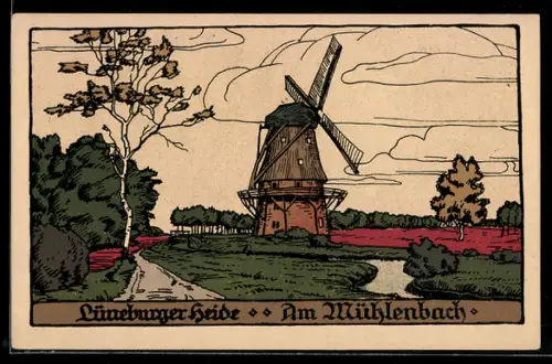 Steindruck-AK Lüneburger Heide, Am Mühlenbach, Windmühle