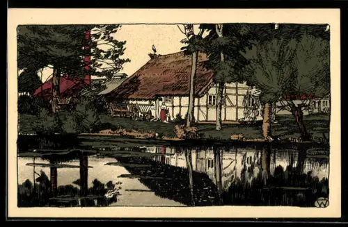 Steindruck-AK Dorfidylle in der Lüneburger Heide