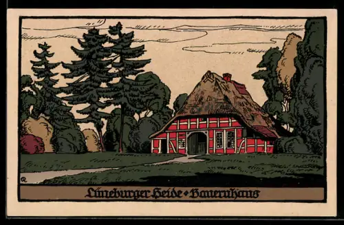 Steindruck-AK Lüneburger Heide, Bauernhaus