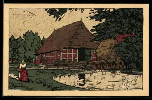 Steindruck-AK, Lüneburger Heide, Dorfidyll