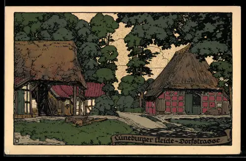 Steindruck-AK Lüneburger Heide, Dorfstrasse