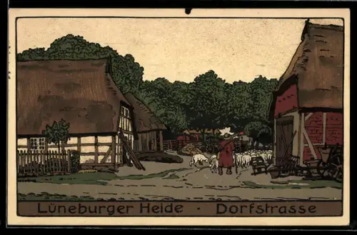 Steindruck-AK Lüneburger Heide, Schäfer mit Schafen in der Dorfstrasse