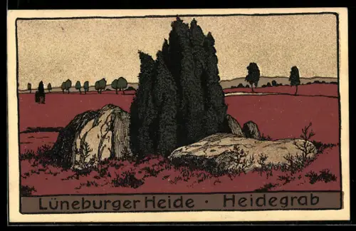 Steindruck-AK ein Heidegrab in der Lüneburger Heide