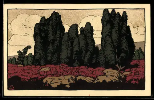 Steindruck-AK Hünengrab in der Lüneburger Heide