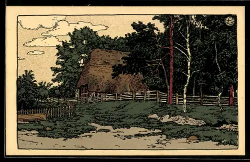 Steindruck-AK Am Dorfrand in der Lüneburger Heide