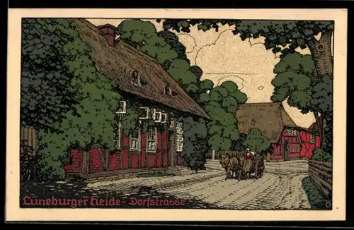 Steindruck-AK Dorfstrasse in der Lüneburger Heide