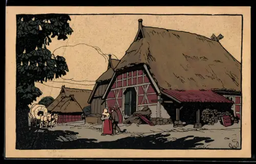 Steindruck-AK Lüneburger Heide, Partie in der Dorfstrasse