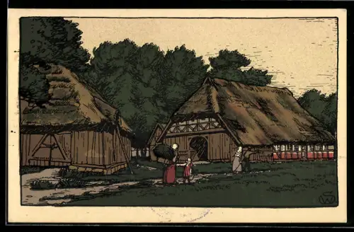 Steindruck-AK Niedersächsischer Bauernhof in der Lüneburger Heide