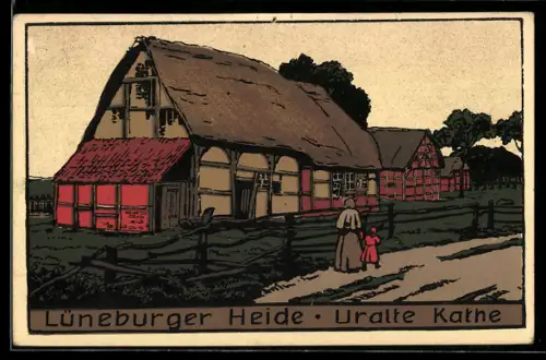 Steindruck-AK Lüneburger Heide, Mutter mit Kind steht vor einer uralten Kathe