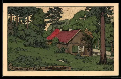Steindruck-AK Waldhäuschen in der Lüneburger Heide