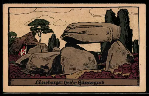 Steindruck-AK Lüneburger Heide, Hünengrab