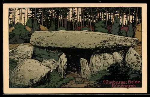 Steindruck-AK Lüneburger Heide, Vor einem Hünengrab