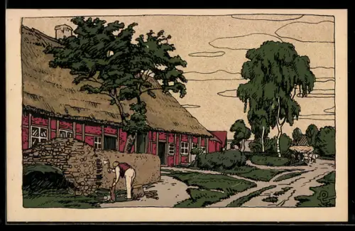 Steindruck-AK Lüneburger Heide, Dorfkate