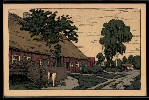 Steindruck-AK Lüneburger Heide, Dorfkathe