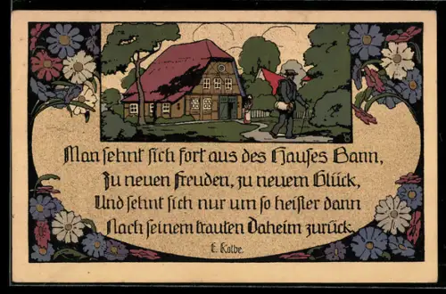 Steindruck-AK Frau am Haus winkt Wanderer nach, Blumen, Passepartout