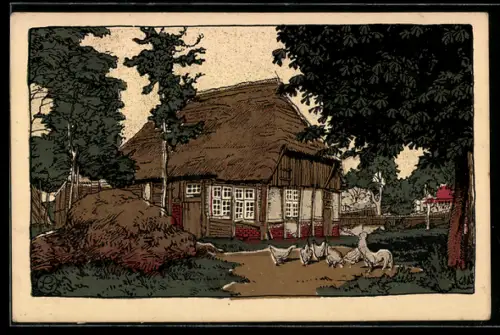 Steindruck-AK Alte Kathe mit Hühnern in der Lüneburger Heide